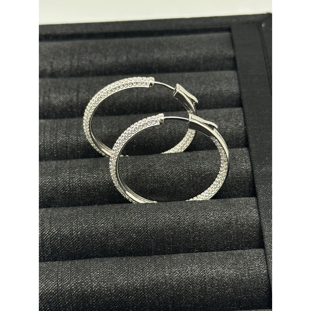 Sterling Silver 925 Inside Out CZ Hoop Earrings Pave Cubic Zirconia 1.5 Inch - Picture 2 of 11